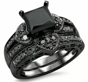 2.36 Ct Black Princess Cut Lab-Created Diamond Heart Engagement Ring Wedding Set - Picture 1 of 6