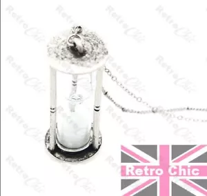 LARGE HOURGLASS pendant VINTAGE SILVER fashion TIMER GLASS VIAL long NECKLACE - Picture 1 of 5