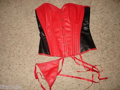 Red Women's Sexy Lace / FAUX LEATHER Corset Bustier With G-string Set LARGE NWOT - Image 1 of 2