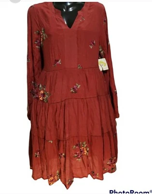 Vestido Anthropologie Higo y Flor Borgoña Bordado Talla L Falda Cansada   Foto 1 de 4