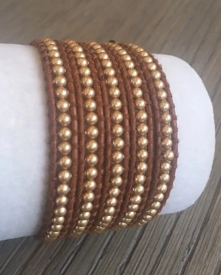 Nuevo Auténtico Brazalete Chan Luu Oro Perla Cinco Envolturas en Cuero Dorado Foto 1 de 4