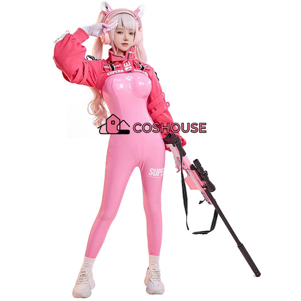 Women's Game Cosplay Costume Pink Bodysuit Set with Short Coat and Gloves - Image 1 of 4