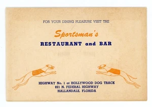 Postcard Greyhound Racing Sportsman's Restaurant & Bar Menu Hallandale Florida - Imagen 1 de 3