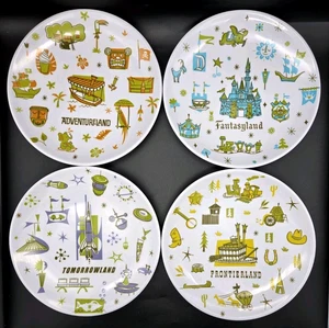Set Of 4 Disney Parks Exclusive Retro Melamine 7" Plates Lands Of Disneyland - Picture 1 of 7