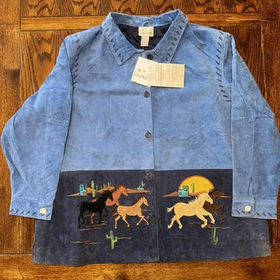 Mujer Caballos Chaqueta Cuero Gamuza Abrigo Quacker Fábrica Bordado Azul 3X Nuevo Foto 1 de 4