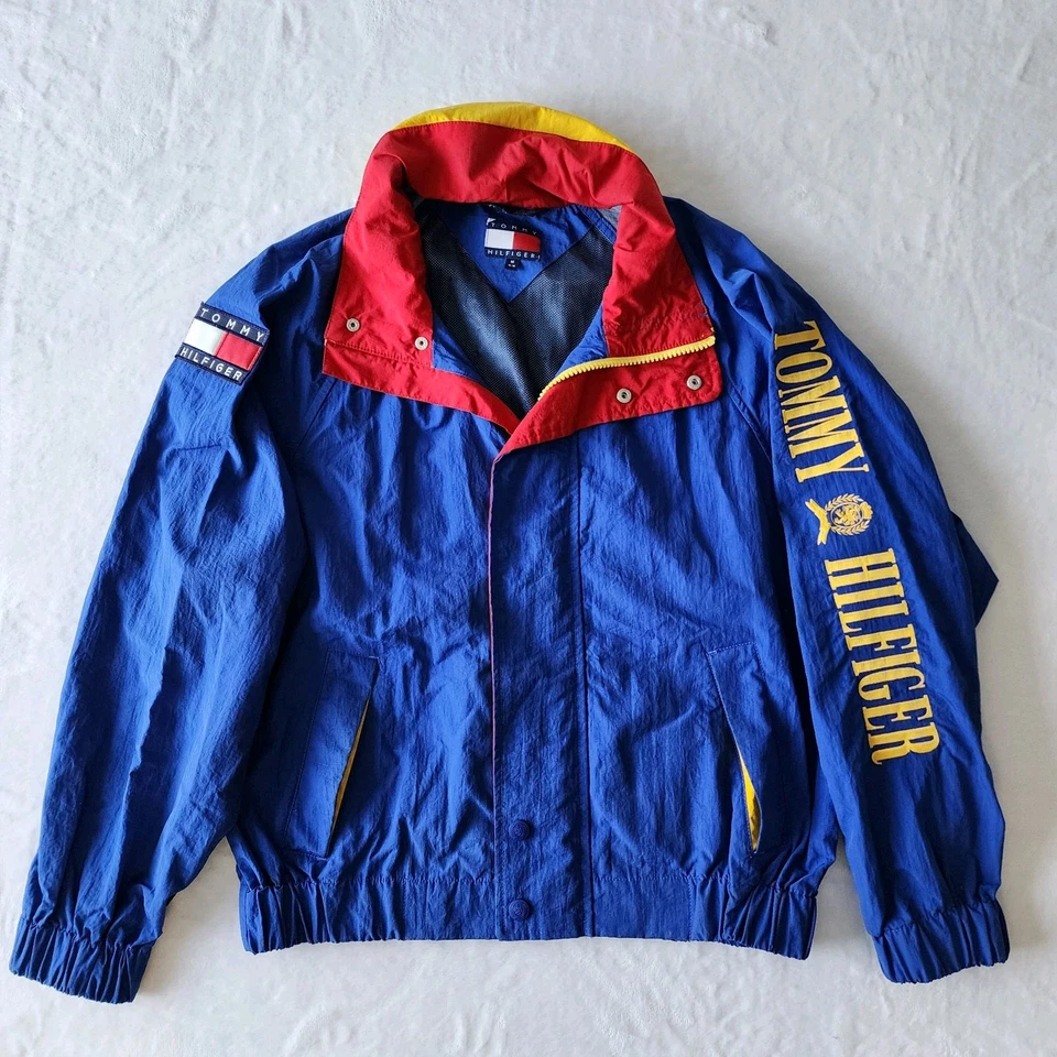 VTG Tommy Hilfiger Jacket Medium Navy Red 90s RARE Spellout Logo Preppy Wu Tang - Image 1 of 4