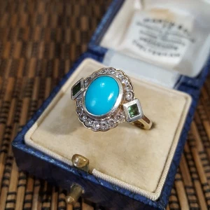 925 Sterling Silver Ring, Genuine Turquoise And Emeralds Ring, Size M.5 US 6.5 - Picture 1 of 10