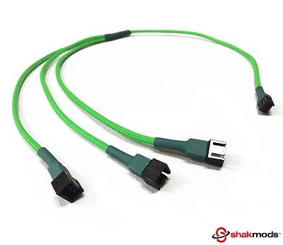 Shakmods 3 pin Fan to 3 ways Y Splitter 60cm Green Sleeved Extension Cable PSU - Image 1 of 3