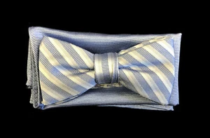 Boys Blue Striped Bow Tie and Pocket Square Hanky Pre-Tied Wedding Ring Bearer - Picture 1 of 1