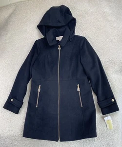 Michael Kors Coat Womens Petite Med PM Black Wool Blend Hooded Peacoat NEW NWT - Picture 1 of 16