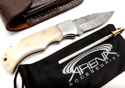 Cuchillo de Bolsillo Damasco Real Hoja Bloqueo Trasero Mango Hueso Funda de Cuero Varilla Afilada Foto 1 de 4