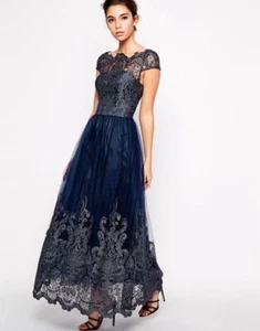 Maxi Vestido Chi London Azul Marino Tul Falda Talla UK10 EUR38 US6 - Imagen 1 de 3