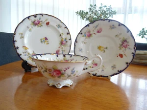 RARE Cauldon Pottery China Sutherland Pattern K9075 Colbalt Blue & Flowers Trio - Picture 1 of 10