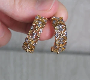 18KT Electroplated Gold Flower w/ Diamonds Half Hoop Huggie Pierced Earrings - Picture 1 of 11