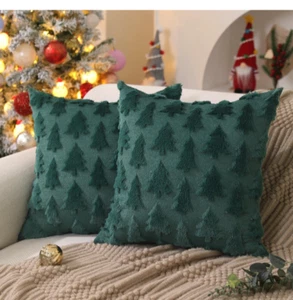 2er Set grüne Weihnachtskissenbezüge 20 x 20 Zoll - Plüsch Kunstfell Winterdeko - Bild 1 von 14