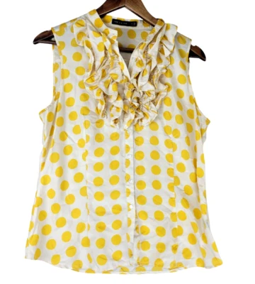 The Limited  Silk Y2k White Yellow Polka Dot Career Blouse Womens M Ruffles - Image 1 of 4