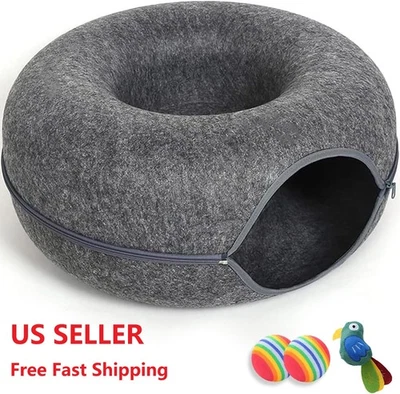 EXTRA LARGE Cat Cave Tunnel Bed for Indoor Cats Cat Donut 24x24x11'' with 3 Toys - Image 1 of 4
