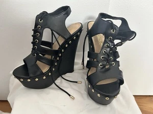 Shoedazzle Imara Women’s Size 6 Black Lace Up Faux Leather Platform Wedge Heels - Picture 1 of 14