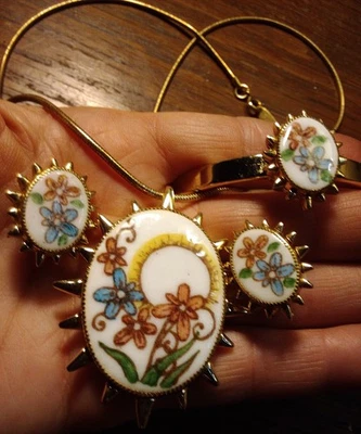 Whiting & Davis 3-pc Necklace Bracelet Earrings SET Porcelain Floral Bangle Clip - Image 1 of 4