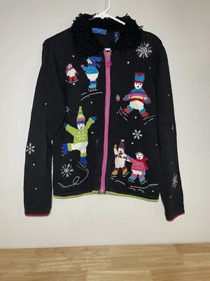 Suéter Karen Scott Sport Petite Mujer M Negro Navidad Muñeco de Nieve Cremallera Vacaciones Foto 1 de 4