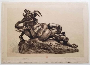 Henri GUERARD - Auroch attaqué par un serpent. 1889. Gravure d'après BARYE. - Imagen 1 de 2