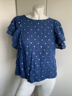 *NUEVO CON ETIQUETAS* J. Blusa Crew Volantes Manga Flutter Azul Lunares Mujer’s Pequeña Foto 1 de 4