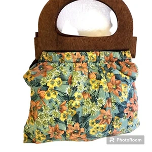 Vtg 80's Quilted FLORAL Wood Handle Handbag KNITTING Purse MoD Hippie Satchel - Picture 1 of 9