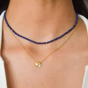 Natural Lapis Lazuli Faceted Round Gemstone Dainty Beaded Necklace Men Women 18" - Picture 1 of 10