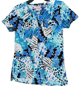 KOI Scrub Top Kathy Peterson Womens Sz S Shades of Blue White Black Uniform - Picture 1 of 4