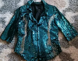 INCREDIBILE giacca cowgirl rodeo turchese occidentale piena paillettes perline nappe - Foto 1 di 7