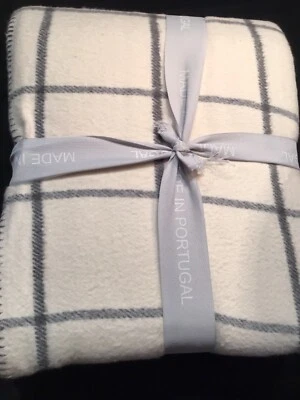 Roca Home KING Blanket 90 x 108 Off White & Grey plaid Portugal Cotton Blend - Image 1 of 4