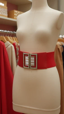 Mujeres Rojo Elástico Ancho Moda Elegante Estilo Cinturón Bling Metal Hebilla Cuadrada S M Foto 1 de 4