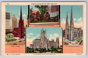 Berühmte Kirchen von New York City, Vintage 1936 Leinen Postkarte, Curt Teich - Bild 1 von 2