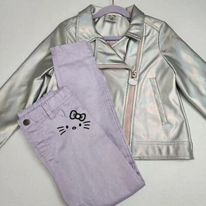 Sanrio Hello Kitty Girls Metallic Silver Moto Jacket & Pants Outfit Set Size 6 - Picture 1 of 13