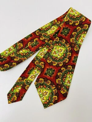 Vintage 70s Yellow Red Mandela Mod Print Mens Neck Tie Wide Abstract Cotton - Image 1 of 3