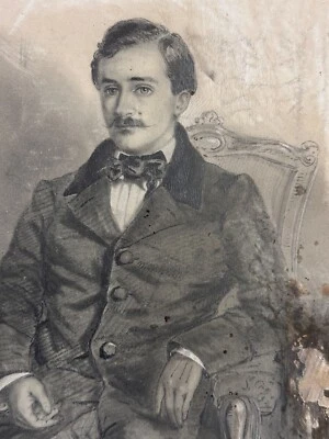 Ancien dessin portrait de Dandy Homme assis dans un fauteuil 19 è romantique - Photo 1/4