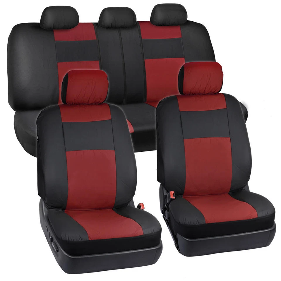 Black & Dark Red PU Leather Seat Covers for Car Auto SUV Split Bench Synthetic - Image 1 of 4