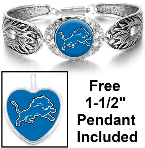 Free Pendant Gift With Detroit Lions Women's Sterling Silver Bracelet D3F Cover