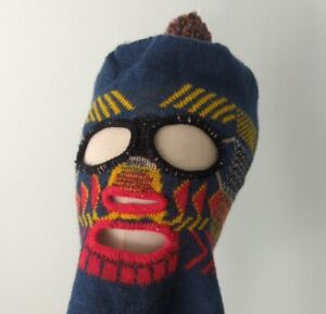 Vintage Knit Full Face Ski Mask Balaclava 3 Hole Adult Size Multicolor Pom Pom