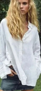Zara 100% Linen White Shirt Blouse Womens Xl Button-Up Tunic Blouse - Picture 1 of 8