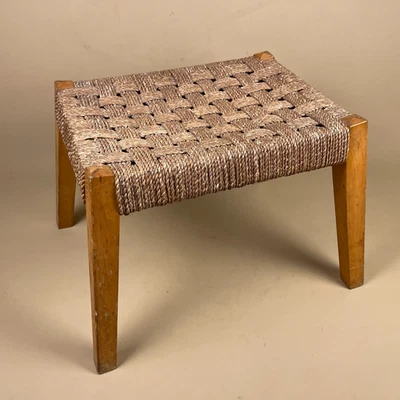 Antique Wooden Foot Stool Woven Wood Cottage Furniture Brown String Woven Rope - Image 1 of 4