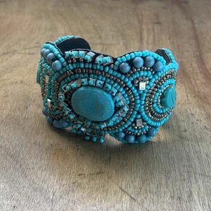 Vintage Artisan Aqua, Gold, Silver Mixed Bead Handmade Wide Cuff Bracelet - Picture 1 of 7
