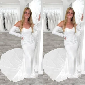 Mermaid Satin Wedding Dresses Detachable Long Sleeves Sweep Train Bridal Gowns - Picture 1 of 9