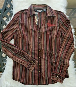 Women's HARLEY DAVIDSON Button Down LS Blouse Brown Orange Black Striped *NWT* - Picture 1 of 10