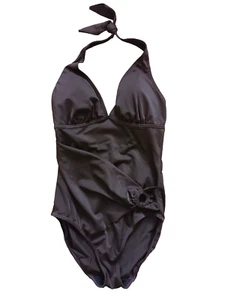 George UK 12 Chocolate Brown Removable Pads Built-In Bra Halterneck Swimsuit - Picture 1 of 3