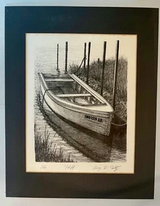 Dibujo a lápiz vintage "Skiff" 7/100 firmado Casey W. Foltz(?) Boat Lake Nautical - Imagen 1 de 9
