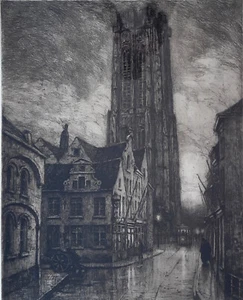 Radierung: Kathedrale Mecheln Stadt Mechelen, Aubert Geudens Belgien sign. 1942 - Bild 1 von 10
