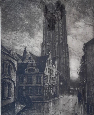 Radierung: Kathedrale Mecheln Stadt Mechelen, Aubert Geudens Belgien sign. 1942 - Bild 1 von 4