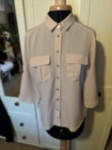 MILLENIUM Ladies Pale Beige Crepe 3/4 Roll Tab Sleeve Collared Blouse Size M - Picture 1 of 7