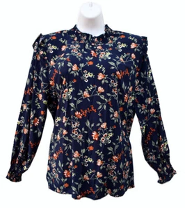 BloomChic Navy Blue Floral Lantern Sleeve Mock Neck Blouse Women's Size 10, NWT - Picture 1 of 6